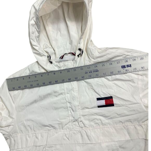 Tommy Hilfiger Windbreaker L White Spellout Hooded Half Zip Jacket Nylon - Picture 7 of 13
